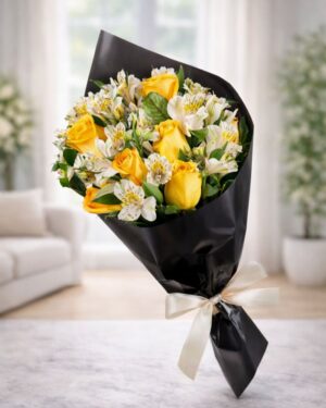 ramo de flores amarillas, bouquet 6 rosas amarillas con alstroemeria, flores en monterrey, flores en apodaca