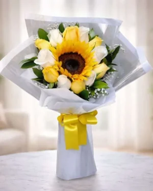 12 Rosas blancas y amarillas con Girasol enviaflores monterrey. entregas el mismo día. Flores a domicilio