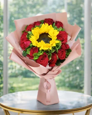 1 girasol con rosas rojas. Flores en monterrey, entrega inmediata. Florerias en monterrey