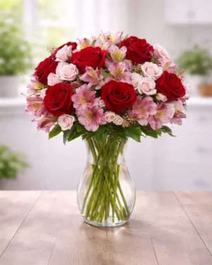 Arreglo floral de 12 rosas rojas y Alstroemeria rosa en jarrón de cristal envio a domicilio monterrey