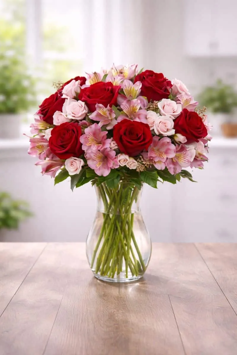 Arreglo floral de 12 rosas rojas y Alstroemeria rosa en jarrón de cristal envio a domicilio monterrey